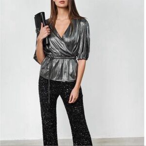 Rebecca Minkoff Mary Wrap Top in Metallic Gunmetal NWT Women’s Small